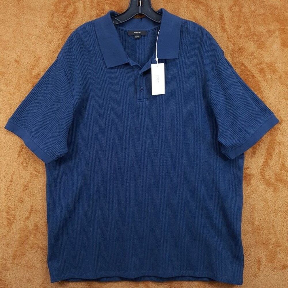VINCE Polo Shirt Mens XXL Blue Short Sleeve Varigated Textured Knit $168